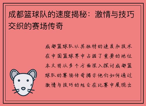 成都篮球队的速度揭秘：激情与技巧交织的赛场传奇